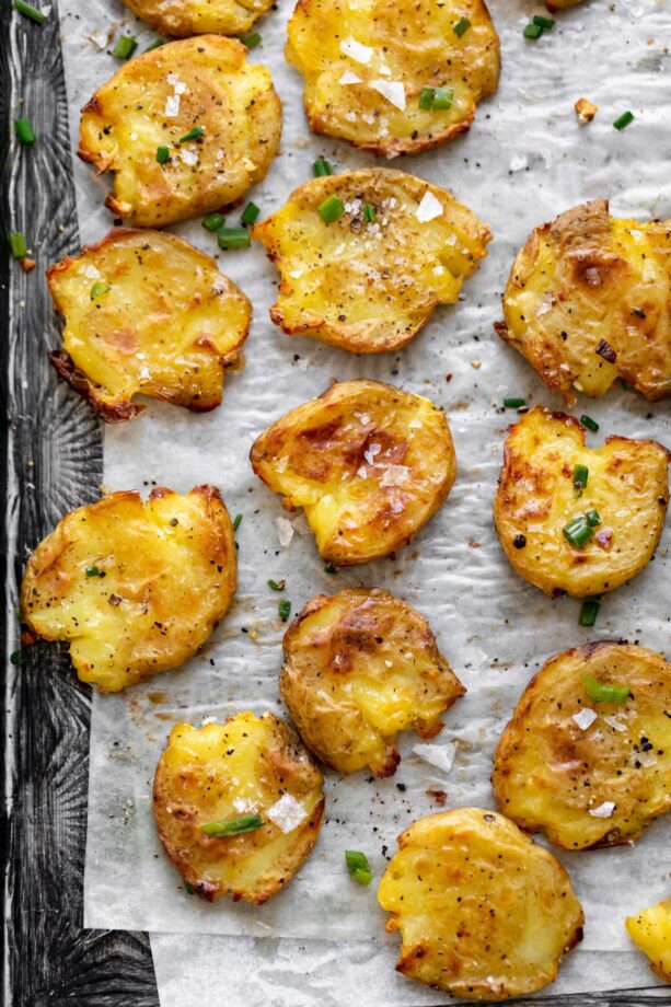air fryer smashed potatoes on a cookie tray