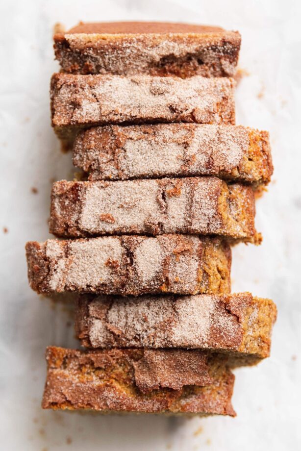 apple cider donut bread topped with cinnamon sugar