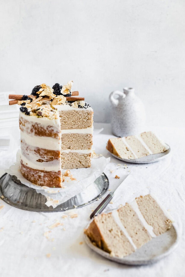 spiced chai cake on a metal tin
