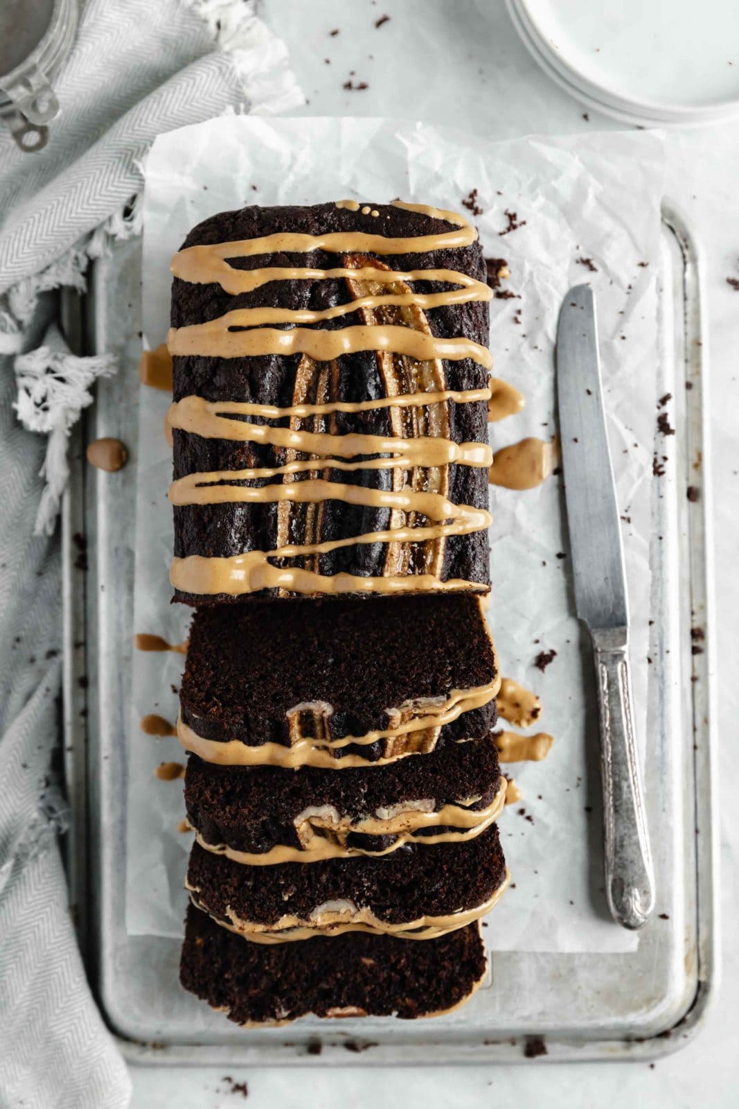 overhead shot of chocolate peanut butter banana bread