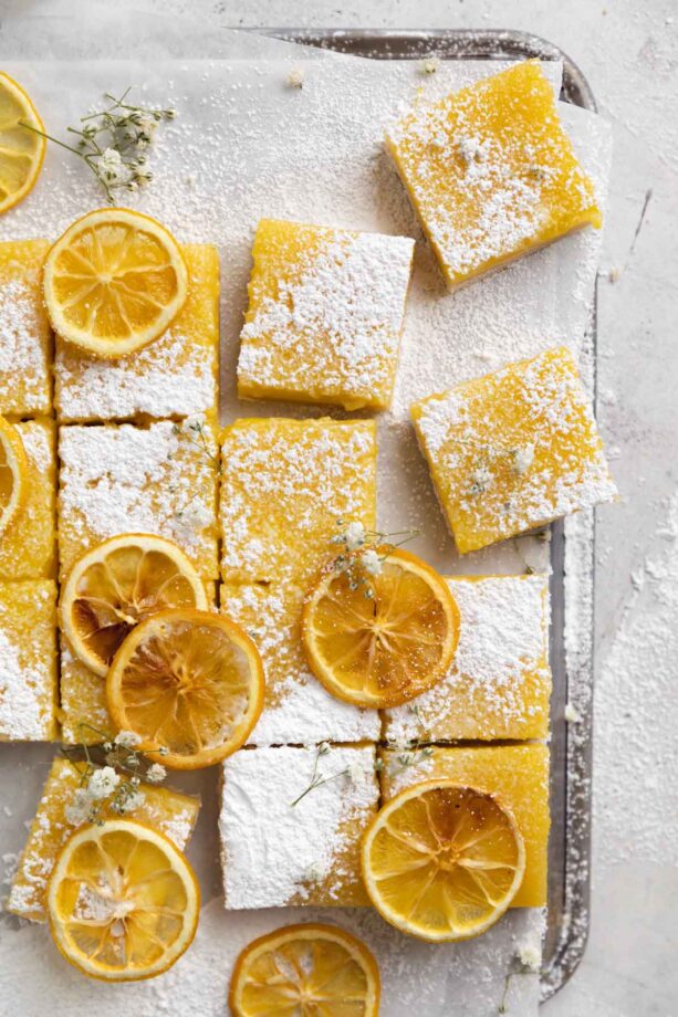 tangy lemon bars sprinkled with powdered sugar