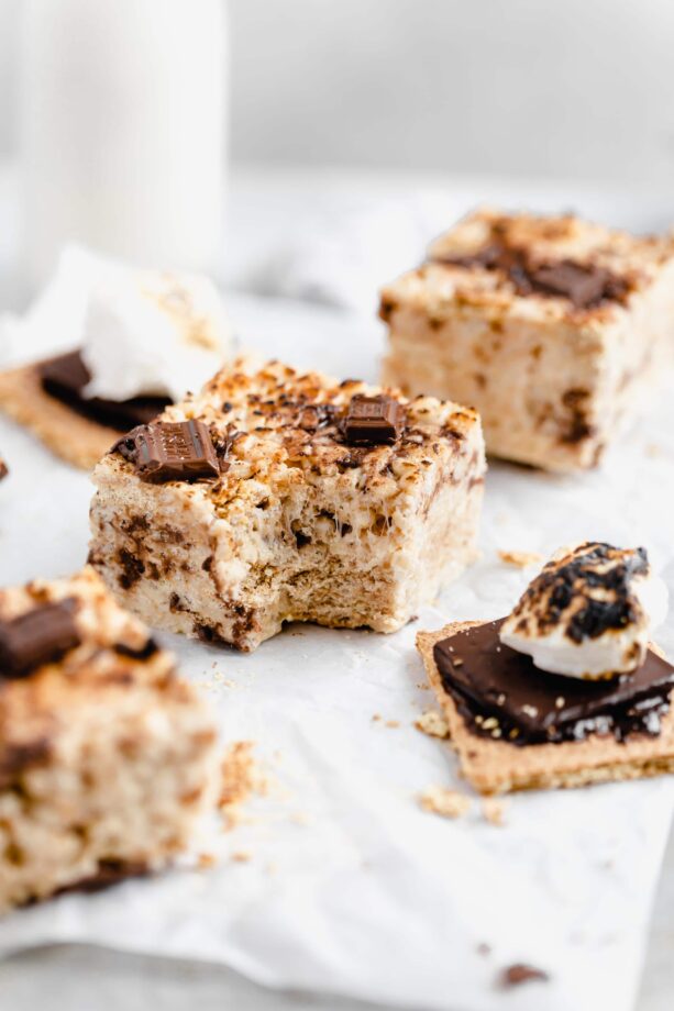 S'mores rice krispie treats with a bite taken out